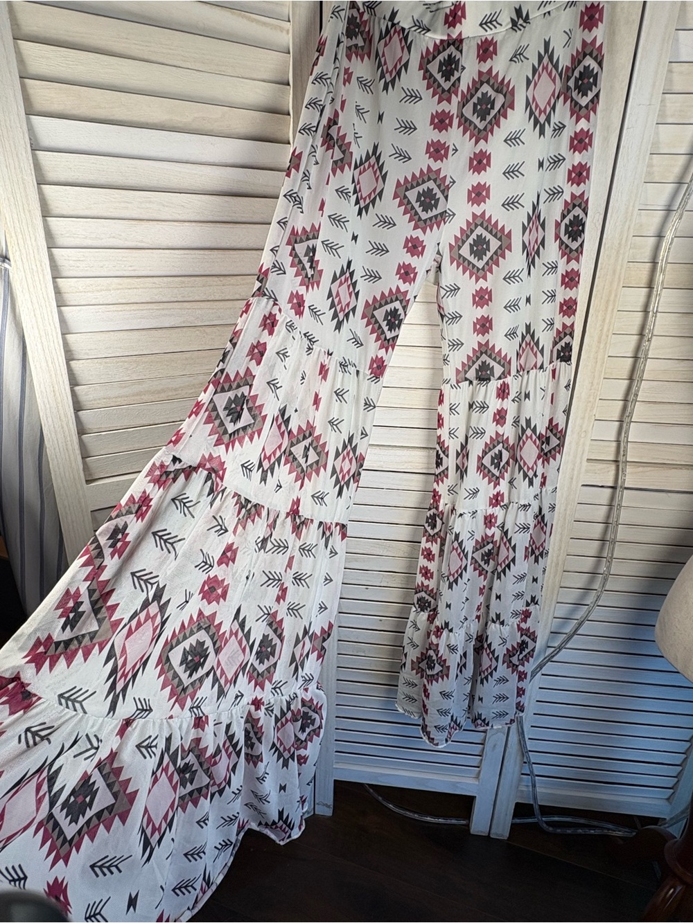 Tiered Wide-Leg Pants in White and Rose Aztec Print